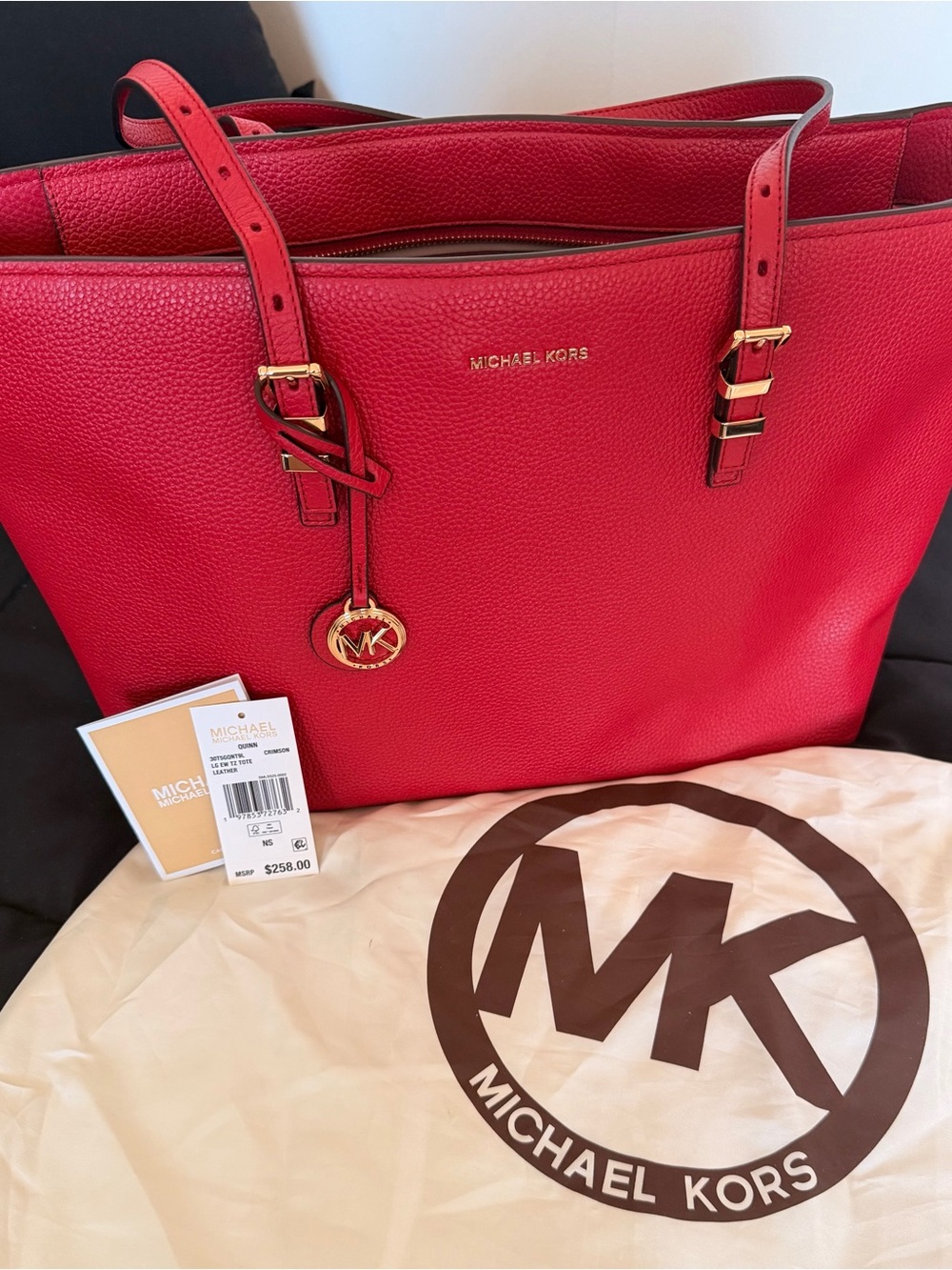 Michael Kors Red Pebbled Leather Tote with Gold Hardware
